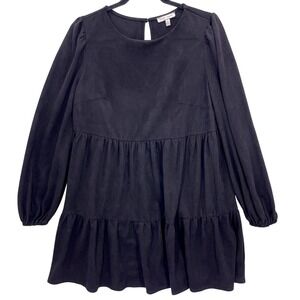 Flying Tomato Black Tiered Babydoll Dress M Long Puff Sleeve Faux Suede Boho